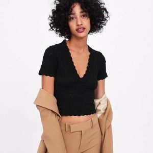 New Zara Scallop Black V Neck Pointelle Knit Crop Top